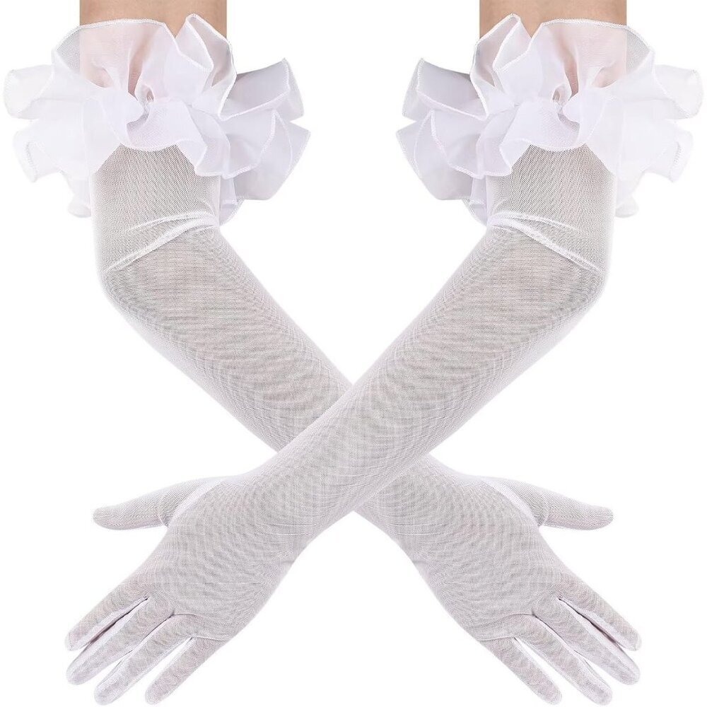 Women's Long White Ruffle Puff Cuff Sleeve Mesh Gloves Wedding Party Costume